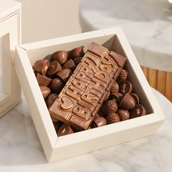 Ghazl Chocolatier Happy Birthday Mini Box | Calm Petal Harmony Flowers Vase