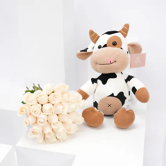 Floward Plush Cow with 25 White Roses Bouquet