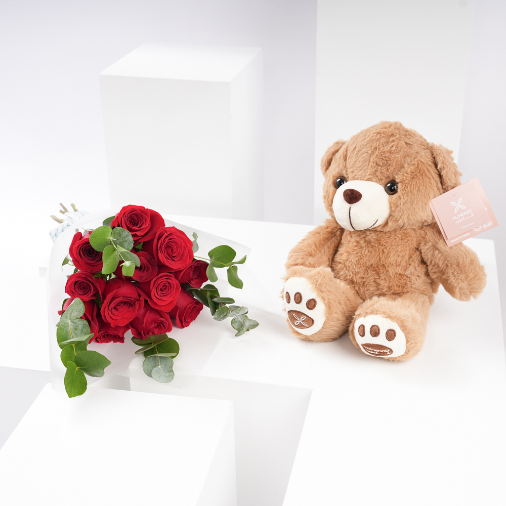 Floward Small Teddy Bear | Dozen Red Roses