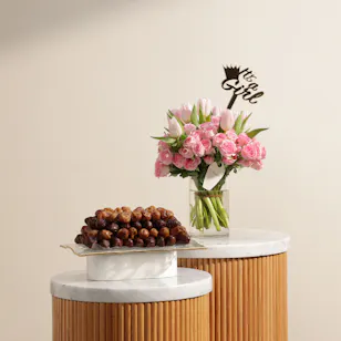 Bateel Mirage Premium Date Glass Tray | Welcome Baby Girl Flowers Bateel Mirage Premium Date Glass Tray | Welcome Baby Girl Flowers