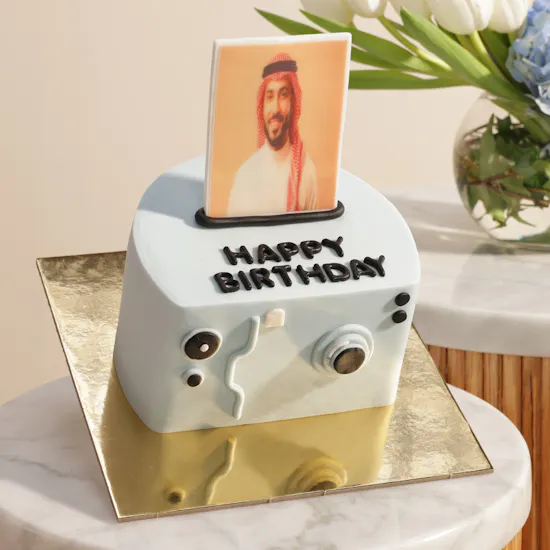 Floward Personalized Photo Blue Camera Cake | Sky Beauty Flower Vase