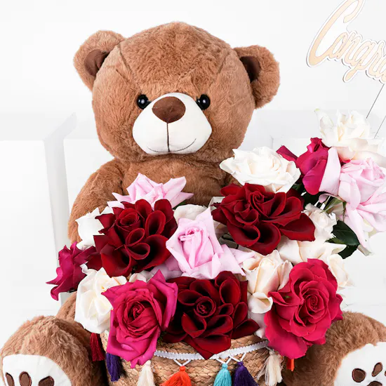 Congratulations for New Beginnings | Flowers and Teddy Bear