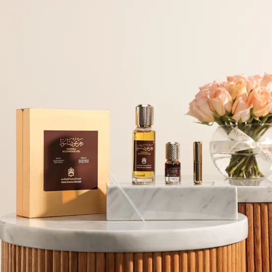 Abdul Samad Al Qurashi Sasura Oud Oil Set | Peach Rose Vase