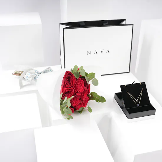 Nava Jewelry Two Layered Rose Gold Necklace | 12 Red Roses Bouquet