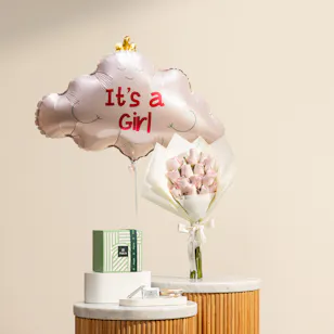 Patchi Classic Chocolate Box | Roses Bouquet and It’s A Girl Pink Cloud Balloons