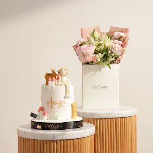 Laviviane Personalized Golden Fawn Birthday Cake | Dreamy Blush Bouquet