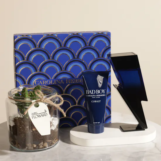 Carolina Herrera Bad Boy Colbat Elixir Set | Unique Open Cactus Terrarium Plant