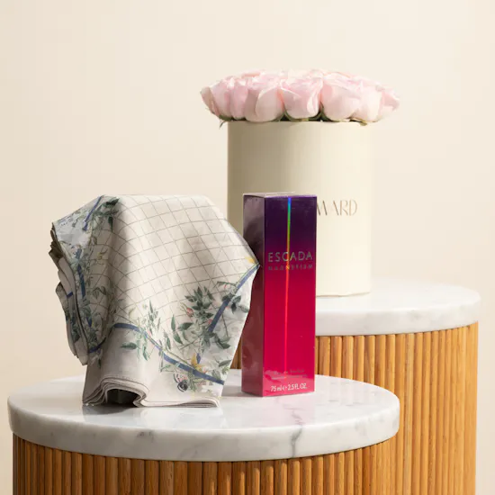 Emma Shahrazad Scarf | Escada Magnetism Perfume and Flowers