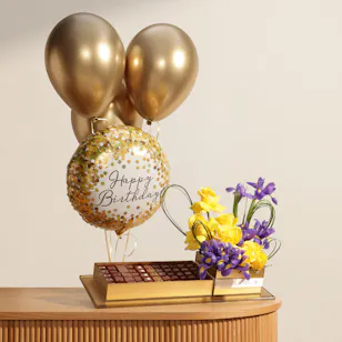 Abucci Golden Chocolate Tray and Flowers | Birthday Balloon Set