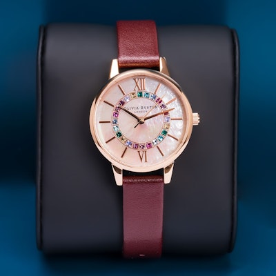 Olivia Burton Wonderland 30mm Rose Gold - Burgundy Leather Strap Watch