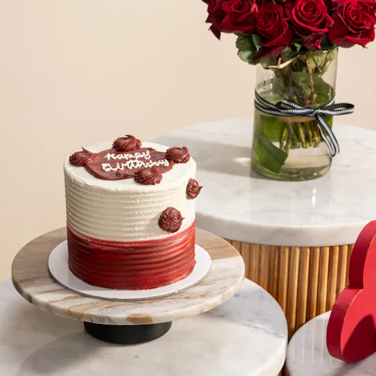 Floward Happy Birthday Chocolate Cake | Fleur Red Heart Chocolate Box and Red Roses