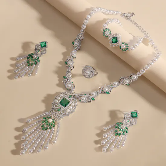 The Princess Pearl Set | Silver and Emerald Stones