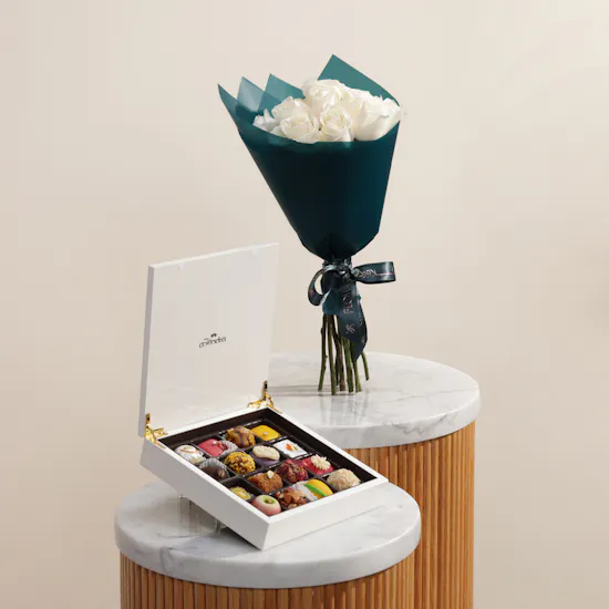 MyGovindas Mixed Sweets Wooden Box | Beautiful Flower Bouquet
