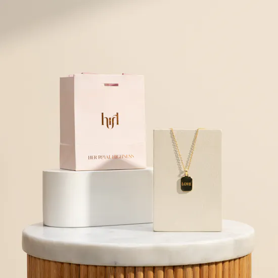 Hrh Love Tag Gold Plated Rectangular Necklace