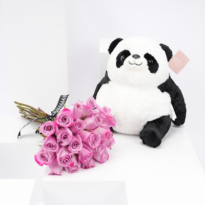 Floward Plush Panda with 20 Purple Roses Bouquet