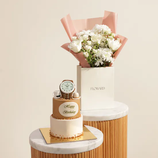 Floward Golden Moments Celebration Cake | Soft Glow Flower Bouquet