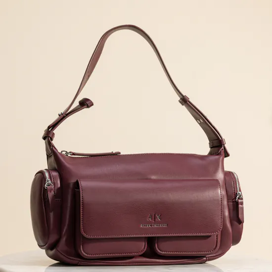 Armani Exchange Large Burgundy Shoulder Bag with Side Pockets