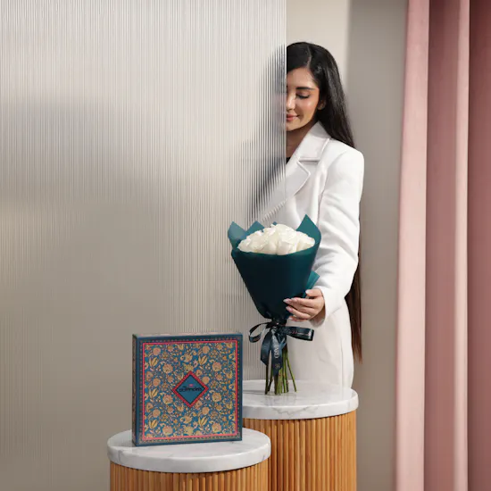 MyGovindas Fancy Sweets Medium Premium Box | Sunlit Moments Flower Bouquet