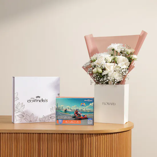 MyGovindas Rakhi Divine Bond Sweets Box | Adventures Voucher and Flowers