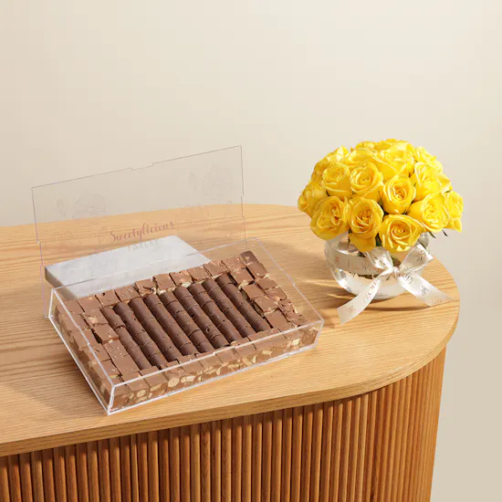 Sweetylicious Large Acrylic Choco Bites Box | Twinkling Flowers Arrangement