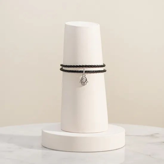 Pandora Black Braided Double Leather Women’s Bracelet with Hamsa Dangle Charm Set