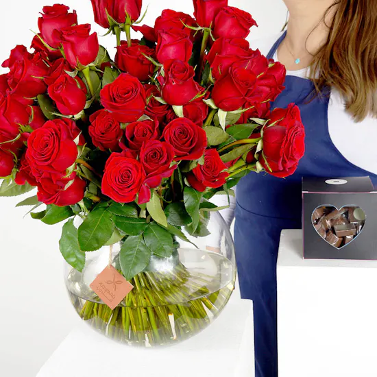 Large Red Roses Fish Bowl Vase with a Large Chocolate Box