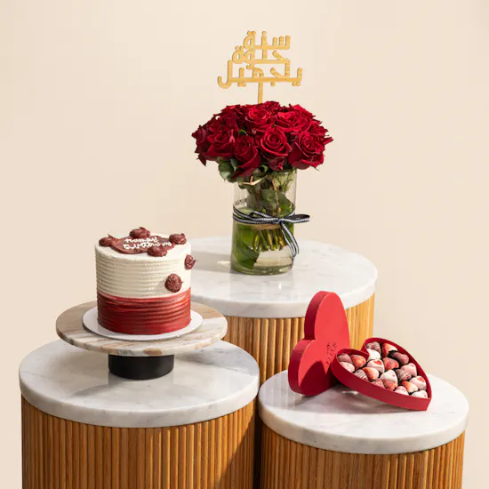 Floward Happy Birthday Chocolate Cake | Fleur Red Heart Chocolate Box and Red Roses