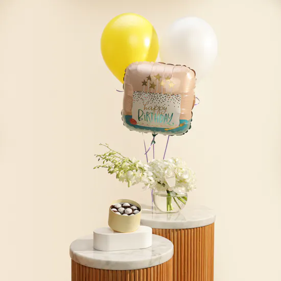 Charbonnel et Walker Chocolate Truffles | Happy Birthday Flowers Vase and Balloons