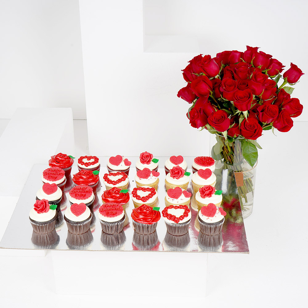 Large Red Roses Cylinder Vase with 24 Cupcakes