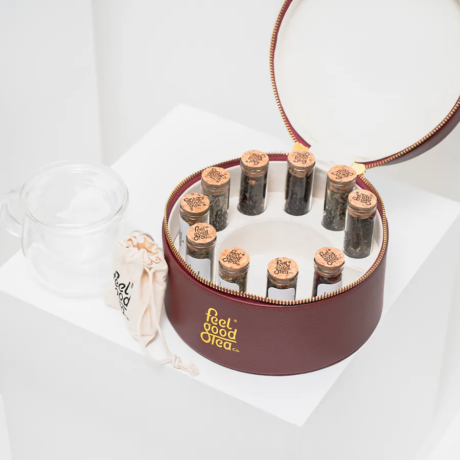 Feel Good Tea Burgundy Leather Tea Box | Red Blooms  6
