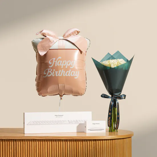 Apple White Magic Keyboard and Mouse Set | Birthday Balloon and Flowers