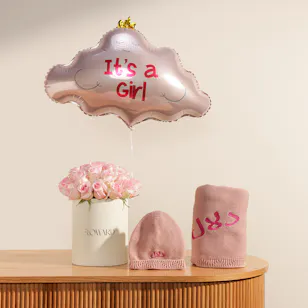 BelovedOne Personalized Pink Blanket and Baby Hat Set | It’s A Girl Balloon and Flowers BelovedOne Personalized Pink Blanket and Baby Hat Set | It’s A Girl Balloon and Flowers