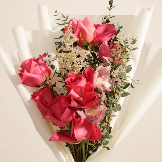 Floward Personalized Photo Red Velvet Pink Cake | Sweet Flowers Bouquet and Fuchsia Balloons