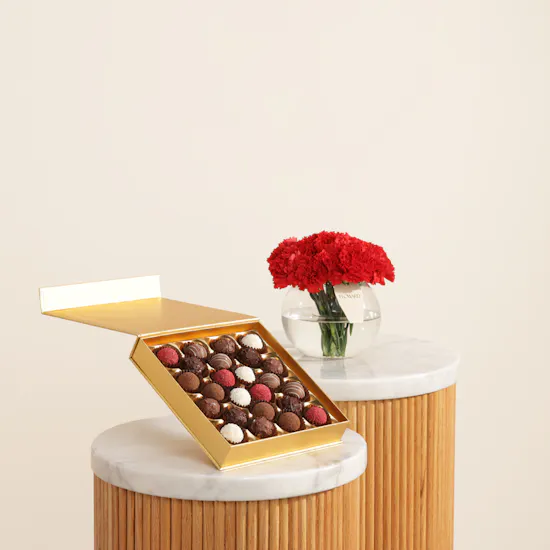 Bateel Gold Palm Mix Chocolates Box | Soft Presence Flowers Vase