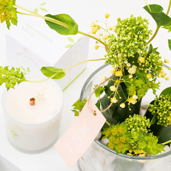 Floward Single Whispering Neroli Candle | Green Leaves Vase