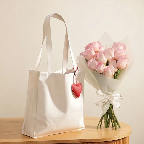 Glossy Touch White Leather Bag with Red Heart Charm | Opulent Flower