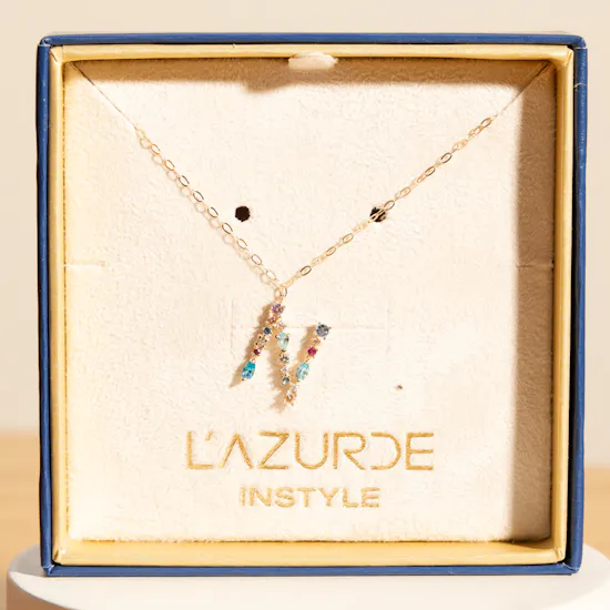 L'azurde Letter N Colored Stones Gold Necklace