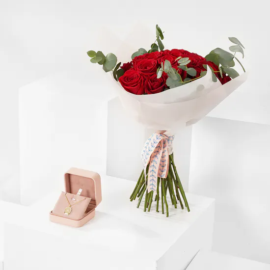 Floward Letter H Gold Plated Silver Necklace | Red Roses Bouquet