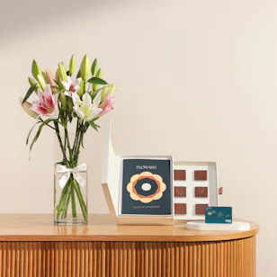 Floward 50 KWD Card and Chocolate Box | Lily Vase