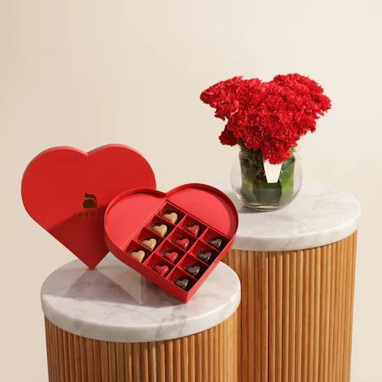 Abucci Red Heart Indulgence Chocolates Box | Crimson Whispers of Love Carnation Vase