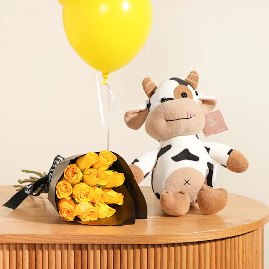 Floward Baby Cow Plush | Yellow Radiance Bouquet