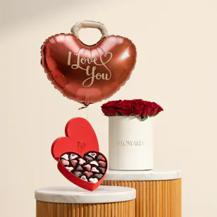 Fleur Red Heart Chocolate Box | Glam Roses and I Love You Ballon