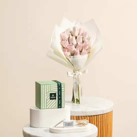 Patchi Classic Chocolate Box | Roses Bouquet and It’s A Girl Pink Cloud Balloons