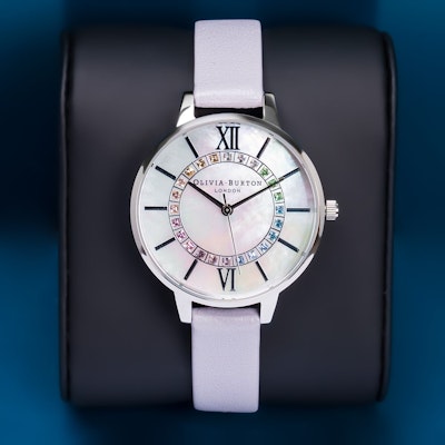 Olivia Burton Wonderland 34mm Silver & Lilac Leather Strap Watch