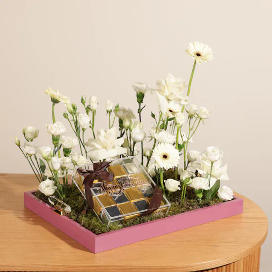 Ghazl Chocolatier Happy Birthday Chocolate Box | White Flower Tray
