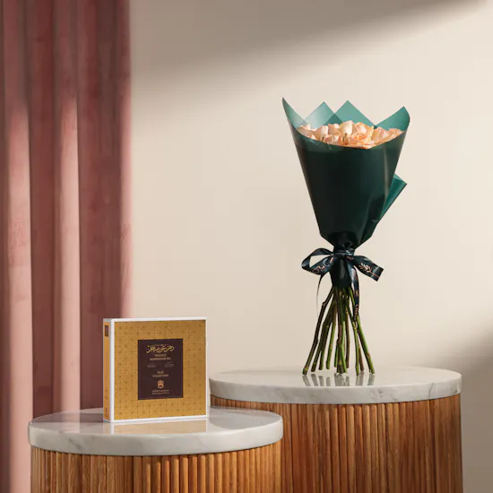 Abdul Samad Al Qurashi Smoked Agarwood Oil | Peach Roses Bouquet