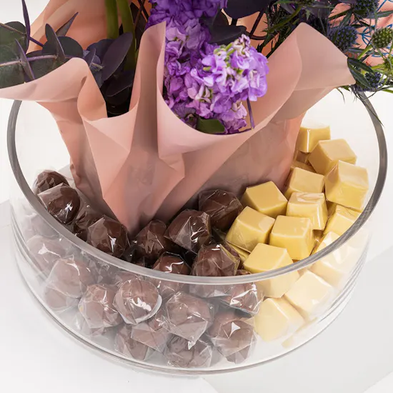 Chocolates with Purple Blooms Tray