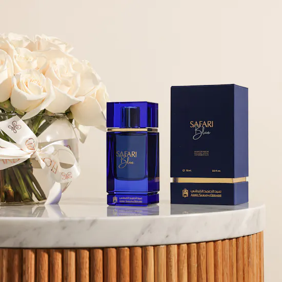 Abdul Samad Al Qurashi Safari Blue Men Perfume | White Roses Vase