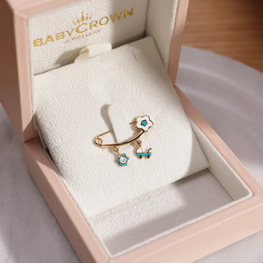 Blue Gold and Italian Colored Trolley brooch 1