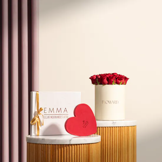 Fleur Red Heart Chocolate Box and Emma Scarf | Elegant Flowers